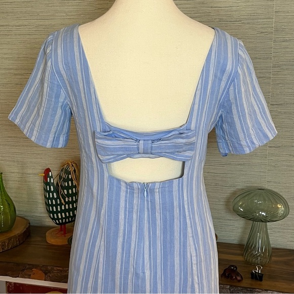 Anthropologie || Cape May Mini Bow Back Dress Linen Blend Blue Stripe Size 4 - Picture 6 of 11